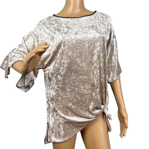 Women's Crushed Velvet Tunic Top Flutter Sleeve Champagne Retro Size M Boho - Picture 1 of 8